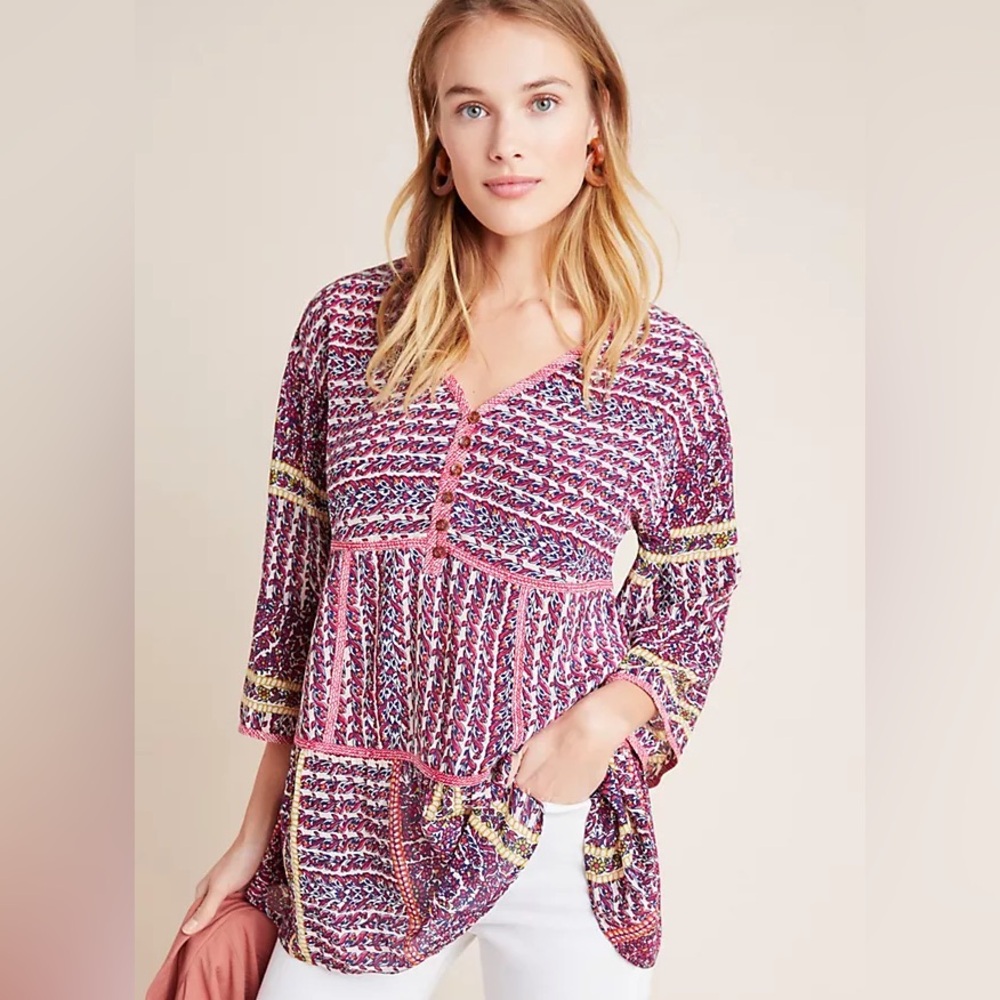 Maeve By Anthropologie Lilyana Tiered 100% Silk Tunic/ Blouse
